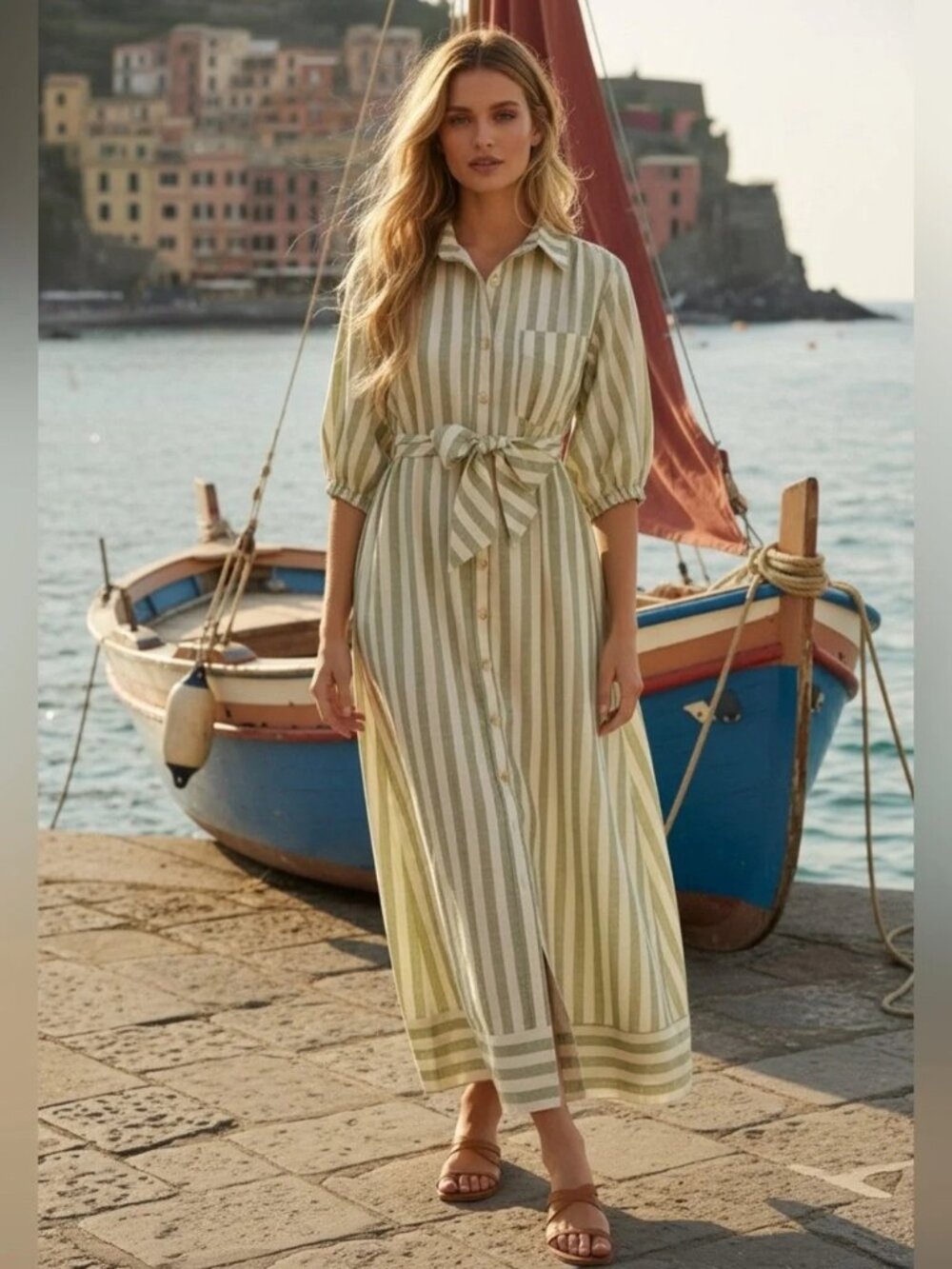 NEW Trish Scully Brooklyn Green Striped Belted Maxi Shirt Dress Womens Large